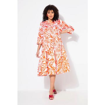 Abito midi con foglie, volant, scollo a tunica e maniche a 3/4