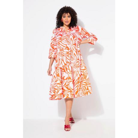 Ulla Popken Robe Midi Imprimé Feuilles Volants Col Tunique Manches 3/4  