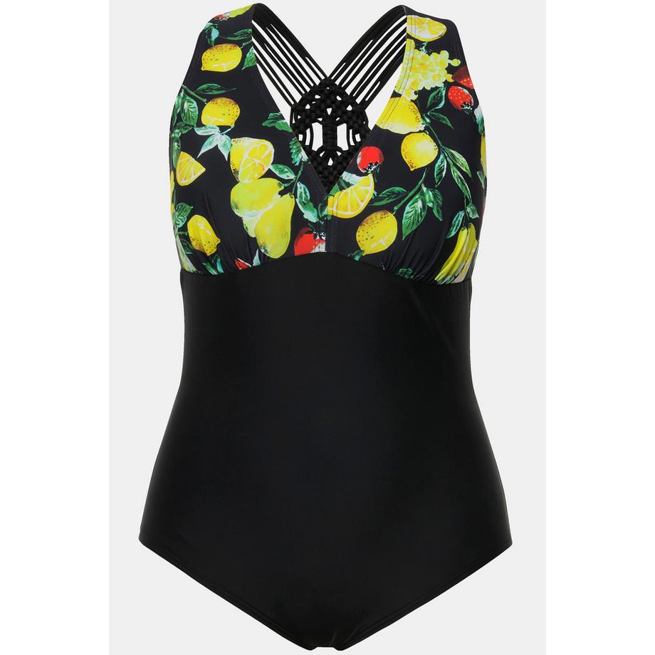 Ulla Popken Maillot de bain motif citrons bonnets souples empiècement macramé  