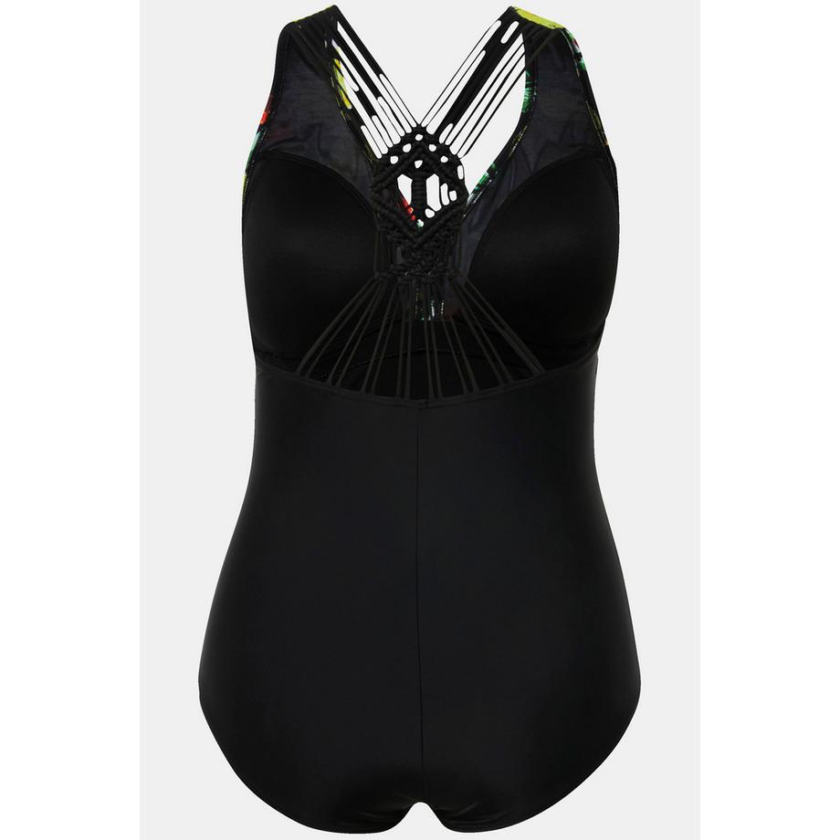 Ulla Popken Maillot de bain motif citrons bonnets souples empiècement macramé  