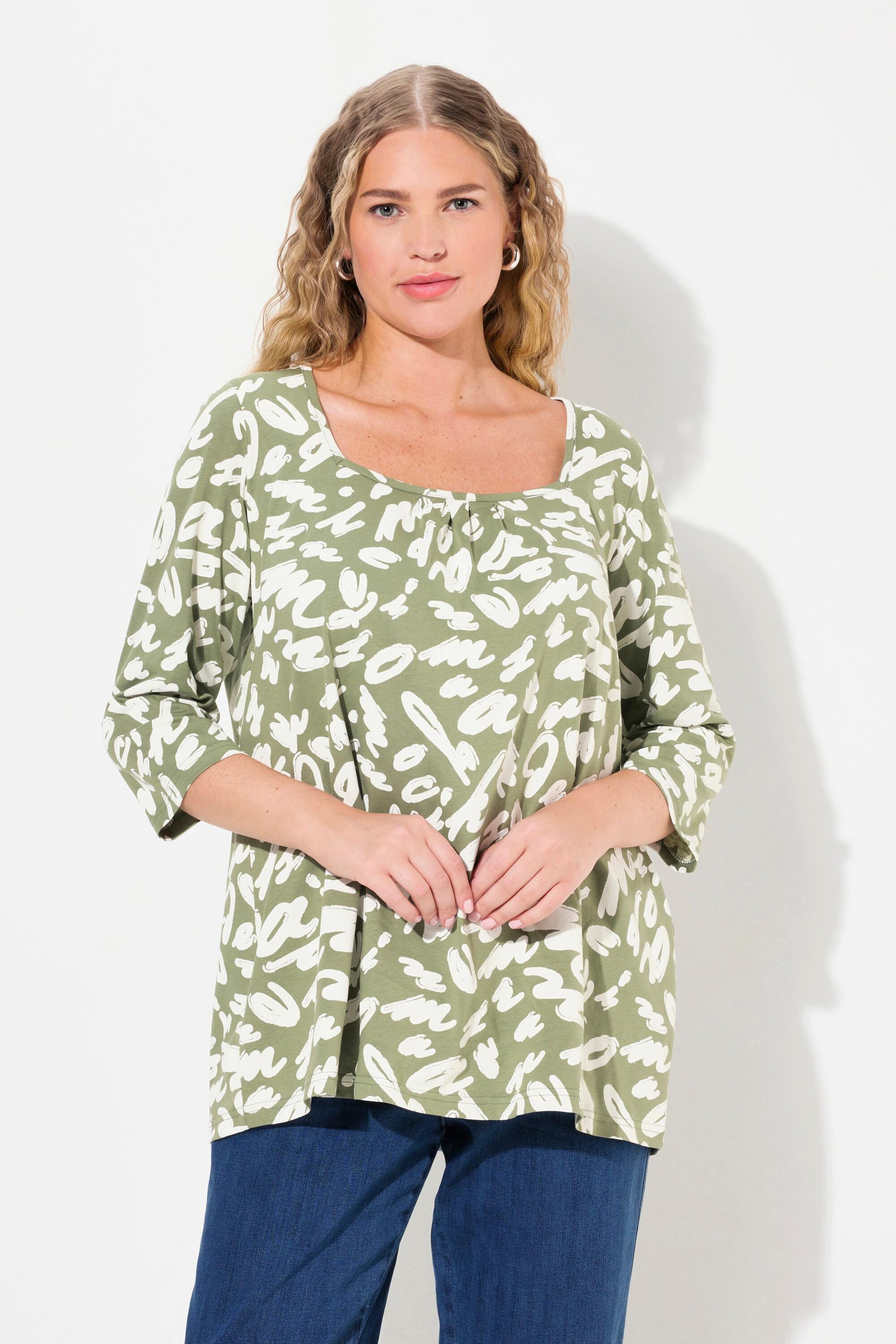 Ulla Popken  Shirt, A-Linie, Zierfalten, Carree-Ausschnitt, 3/4-Arm 