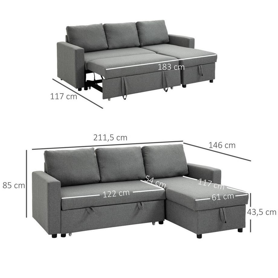 Northio Canapé D'Angle Avec Fonction Couchage, Espace De Rangement, Canapé D'Angle Avec Coffre De Lit, Méridienne, Canapé En Tissu, Forme L, Touche Lin, Gris Clair 211,5 X 146 X 85 Cm  