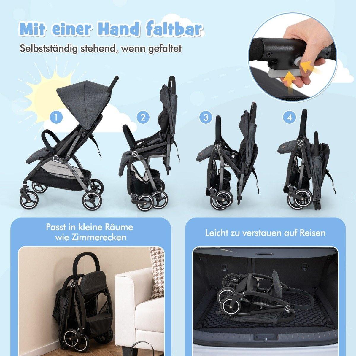 Northix  Einhändig Klappbare Kinderwagen mit Verstellbarer Rückenlehne & Verdeck Reisebuggy Grau 