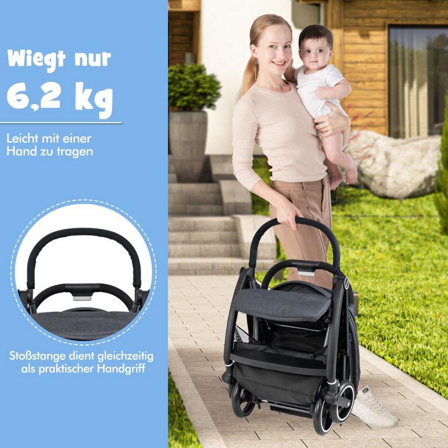 Northix  Poussette pliable à une main avec dossier réglable et capote, poussette de voyage, grise 