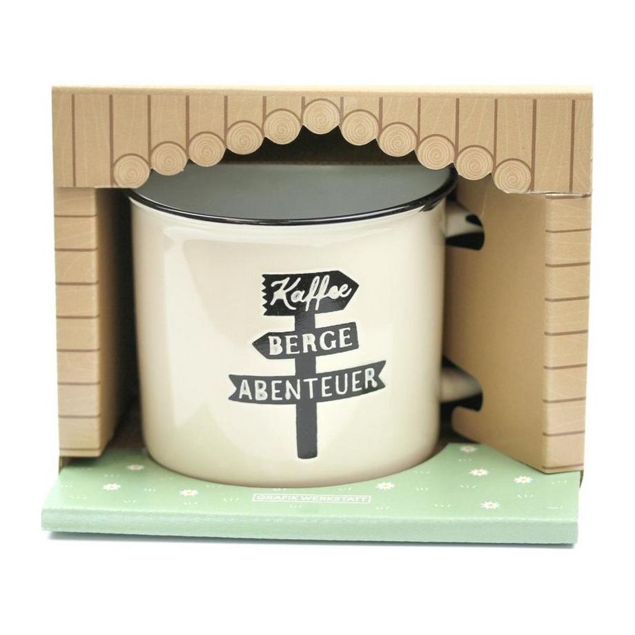 Grafik Werkstatt Atelier graphique Tasse vintage Bergglück, café, montagnes, aventure  