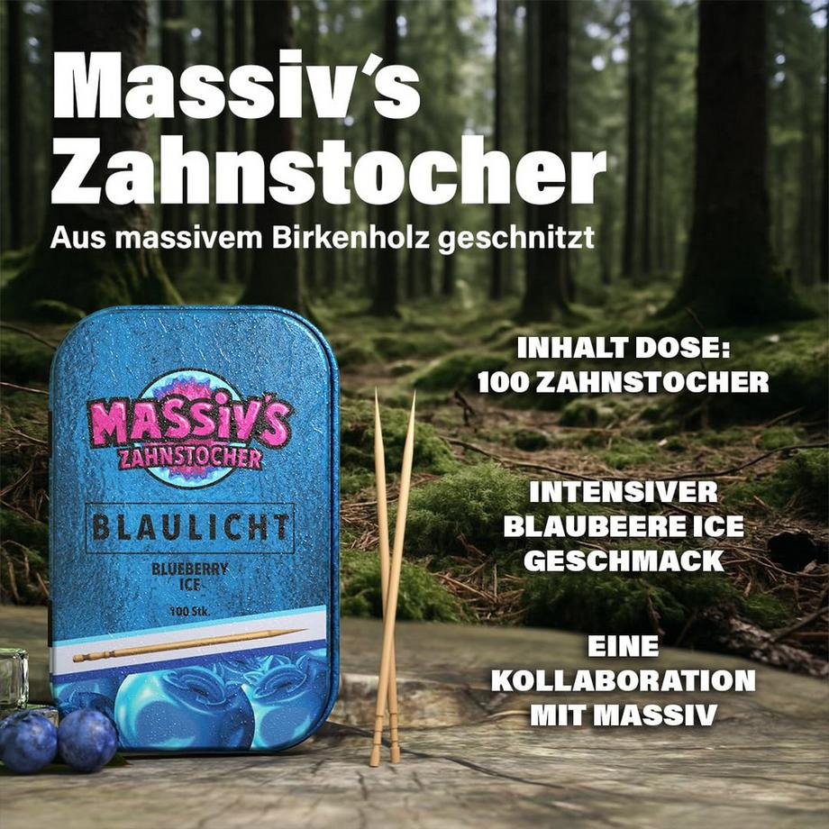 Wunder Zahnstocher  Massiv's Blaulicht Zahnstocher mit Geschmack Blueberry Ice in Metalldose 