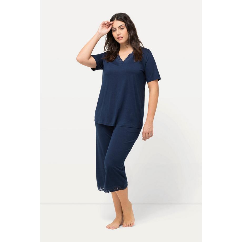 Ulla Popken Pyjama Broderie Ajourée Col en V Manches Courtes Mélange Modal  