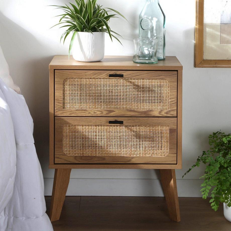 Calicosy Comodino a 2 cassetti con frontali in rattan e gambe in legno decorativo L45 cm - ALIA  