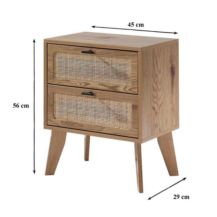 Calicosy Comodino a 2 cassetti con frontali in rattan e gambe in legno decorativo L45 cm - ALIA  