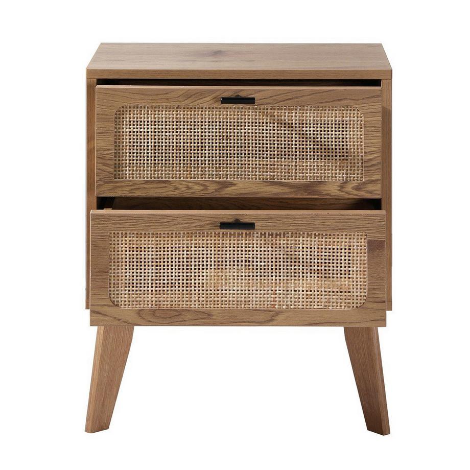 Calicosy Comodino a 2 cassetti con frontali in rattan e gambe in legno decorativo L45 cm - ALIA  