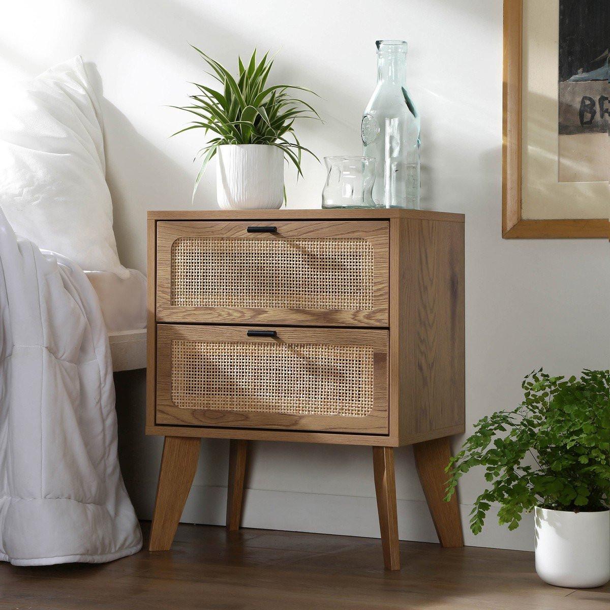 Calicosy Chevet 2 Tiroirs décor bois avec Façades en Rotin L45 cm - ALIA  