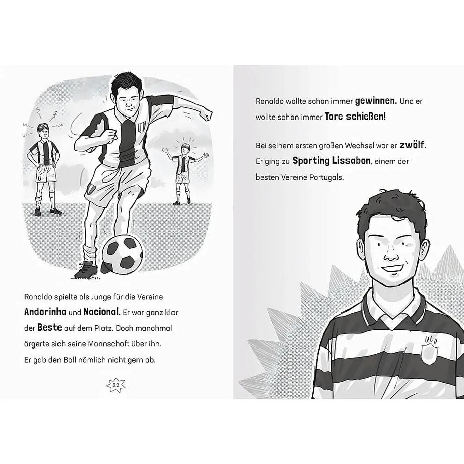 Fußball-Stars - Alles über Ronaldo. Vom Fußball-Talent zum Megastar (Erstlesebuch ab 7 Jahren), Fußball-Geschenke für Jungs und Mädchen Mugford, Simon; Green, Dan (Illustrationen); Thiele, Ulrich (Übersetzung) Gebundene Ausgabe 
