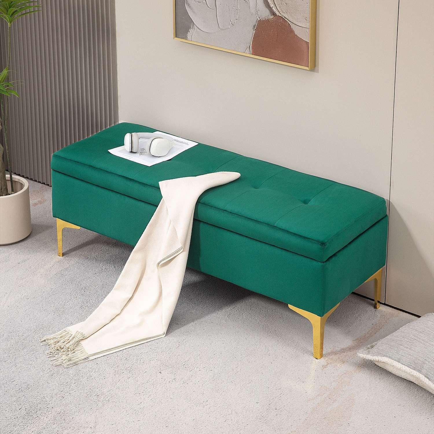 Northio Panca con vano portaoggetti, panca imbottita con effetto velluto, gambe in metallo, panca letto per soggiorno, camera da letto, corridoio, 120 x 44 x 44,5 cm, verde  