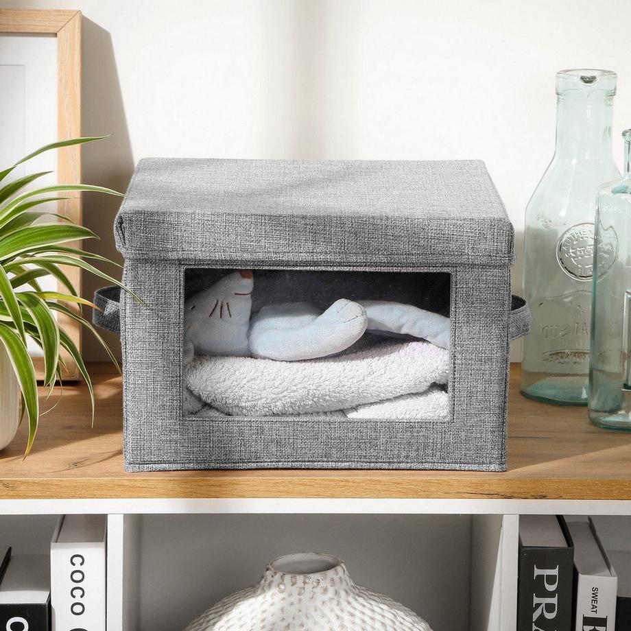 Calicosy Scatola portaoggetti in tessuto effetto lino grigio con finestra trasparente - L40 cm  