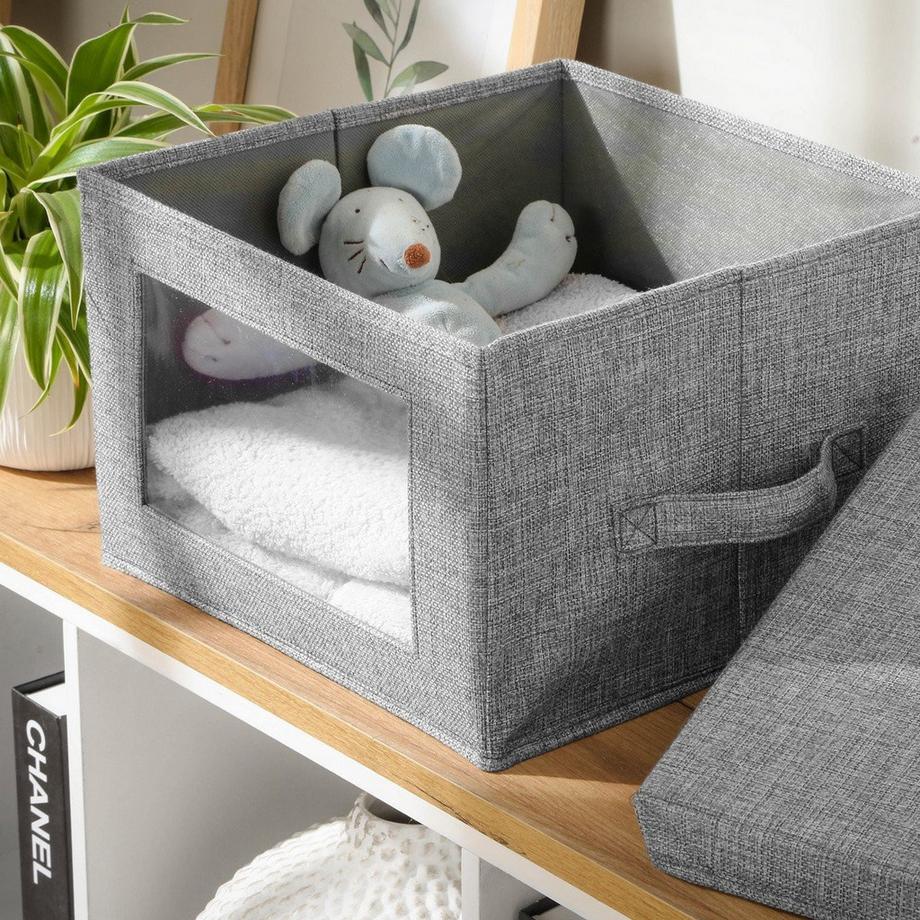 Calicosy Scatola portaoggetti in tessuto effetto lino grigio con finestra trasparente - L40 cm  