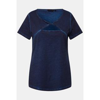 Ulla Popken  T-shirt dal taglio aderente con apertura, tintura a freddo, scollo a girocollo e mezze maniche 