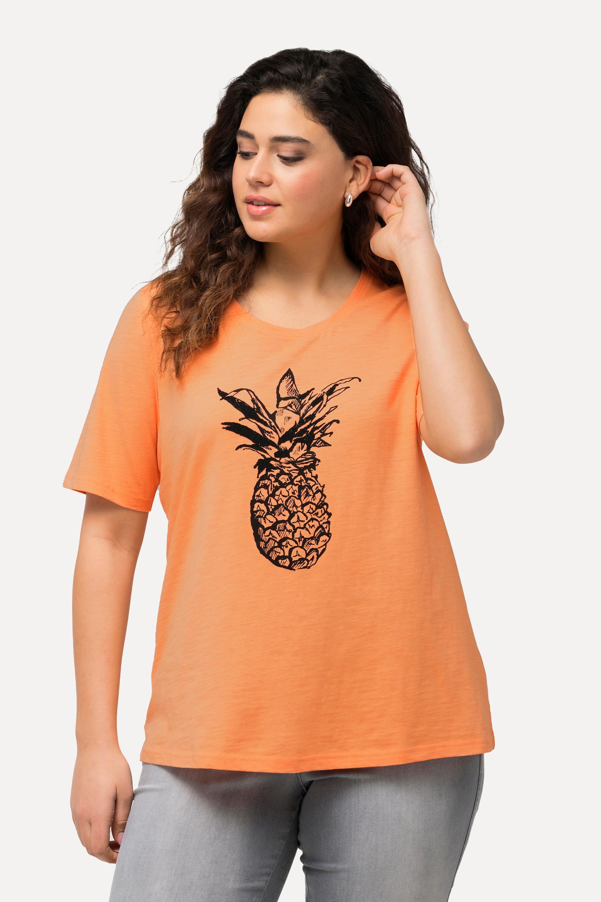 Ulla Popken  T-shirt con ananas, perline, scollo a girocollo e mezze maniche 