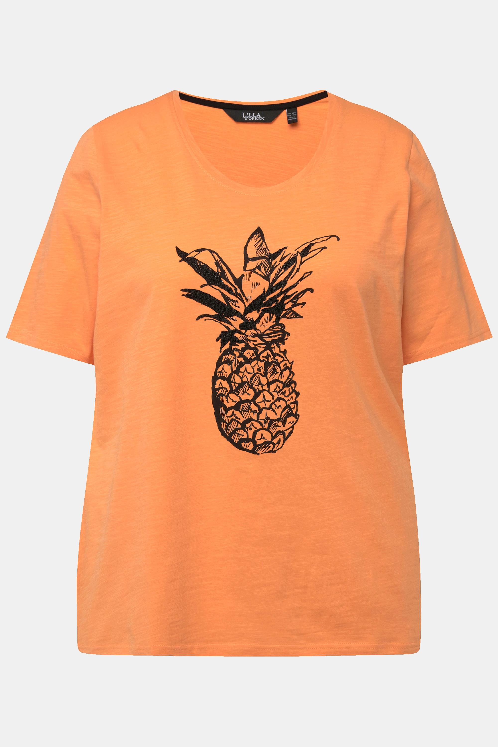 Ulla Popken  T-shirt à perles et motif ananas, col rond et manches courtes 