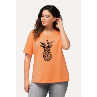 Ulla Popken  T-shirt con ananas, perline, scollo a girocollo e mezze maniche 