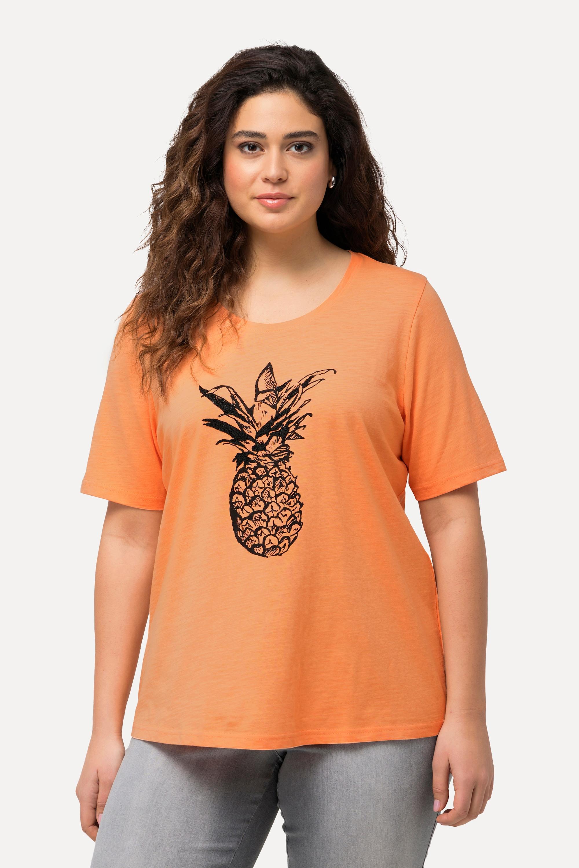 Ulla Popken  T-shirt con ananas, perline, scollo a girocollo e mezze maniche 