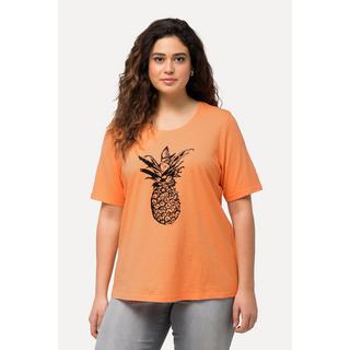 Ulla Popken  T-shirt con ananas, perline, scollo a girocollo e mezze maniche 