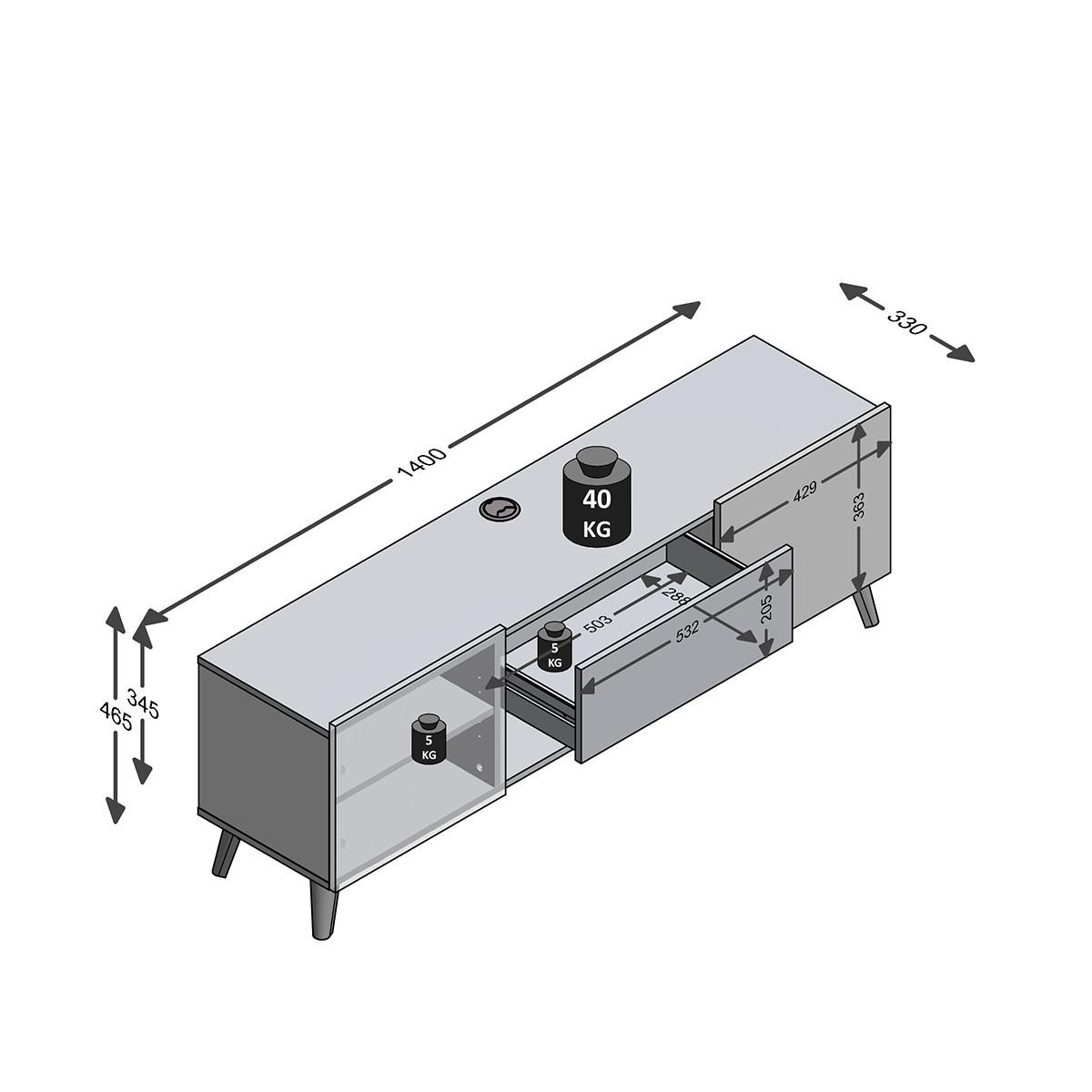 Calicosy TV-Möbel mit 2 Türen und 1 Schublade Brighton 2 - L140 cm x 46,5 cm  