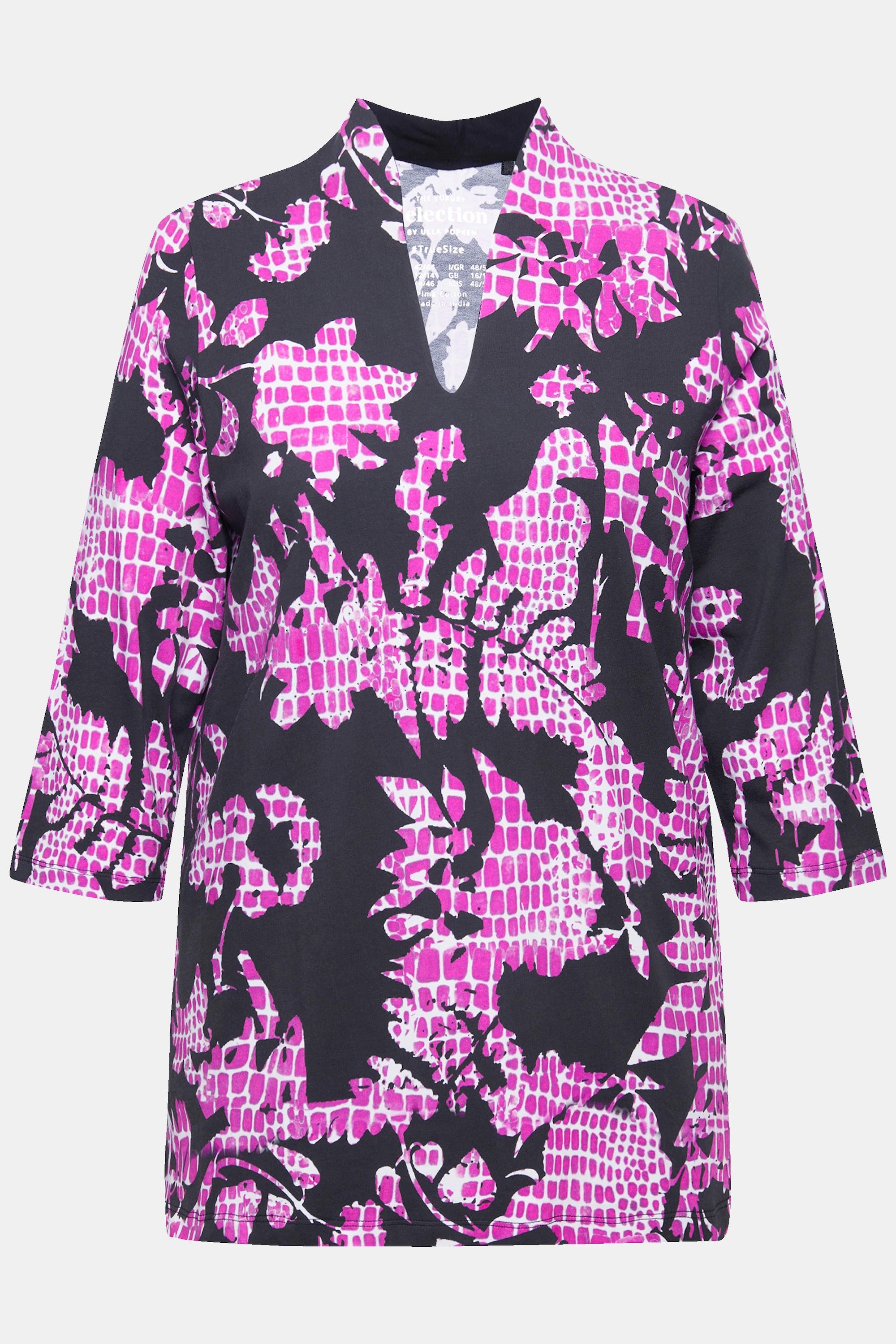 Ulla Popken Maglietta in cotone Pima linea ad A con collo a calice e maniche 3/4  