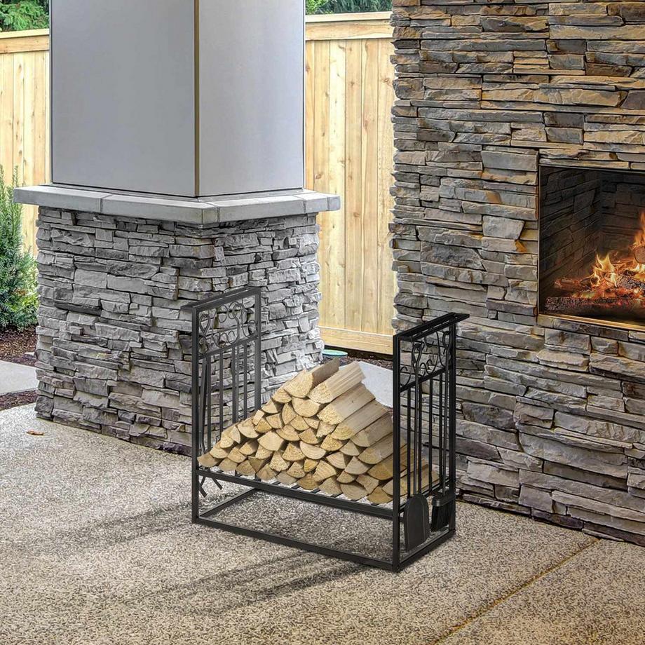 Northio Support À Bois De Cheminée Avec Couverts De Cheminée, Support À Bois De Chauffage, Support À Bois De Cheminée, Outil De Cheminée, Acier Noir 75 X 30 X 60 Cm  