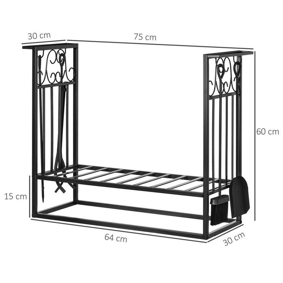 Northio Support À Bois De Cheminée Avec Couverts De Cheminée, Support À Bois De Chauffage, Support À Bois De Cheminée, Outil De Cheminée, Acier Noir 75 X 30 X 60 Cm  