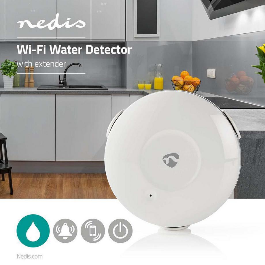 Nedis  SmartLife Wassermelder | Wi-Fi | Batteriebetrieben | Inklusive Verlängerung | Max. Batterielebensdauer: 24 Monate | 50 dB | Weiß 