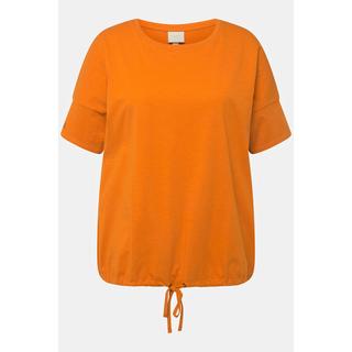 Ulla Popken  T-shirt di cotone biologico con scollo a girocollo, mezze maniche e orlo con fascia 