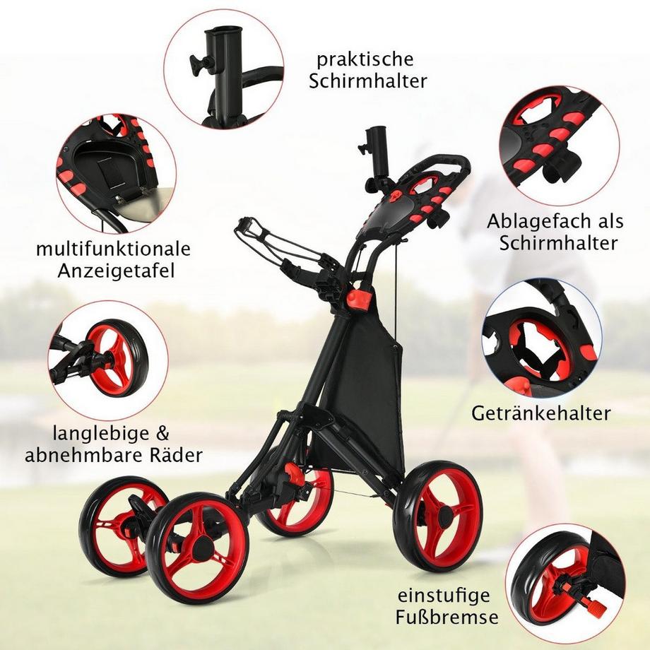 Northix  Chariot de golf à 4 roues, chariot de golf pliable, chariot de golf à pousser, fabriqué en aluminium, rouge 