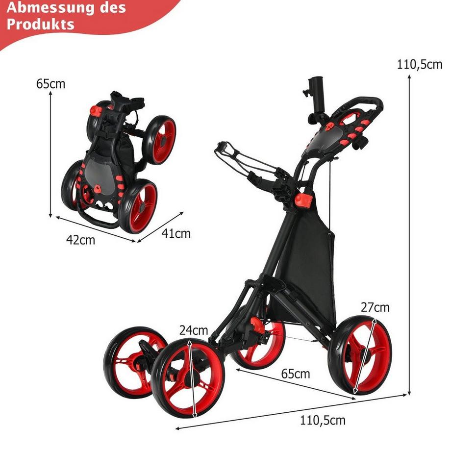 Northix  Chariot de golf à 4 roues, chariot de golf pliable, chariot de golf à pousser, fabriqué en aluminium, rouge 
