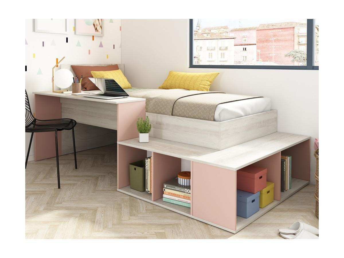 Vente-unique Letto combinato con vani portaoggetti e Scrivania 90 x 200 cm Naturale e Rosa + Reti a doghe - RIGALI  