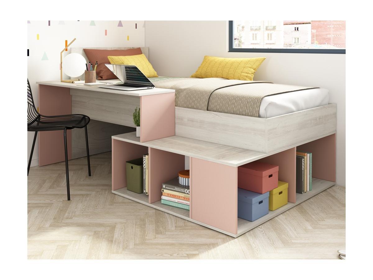 Vente-unique Letto combinato con vani portaoggetti e Scrivania 90 x 200 cm Naturale e Rosa + Reti a doghe - RIGALI  