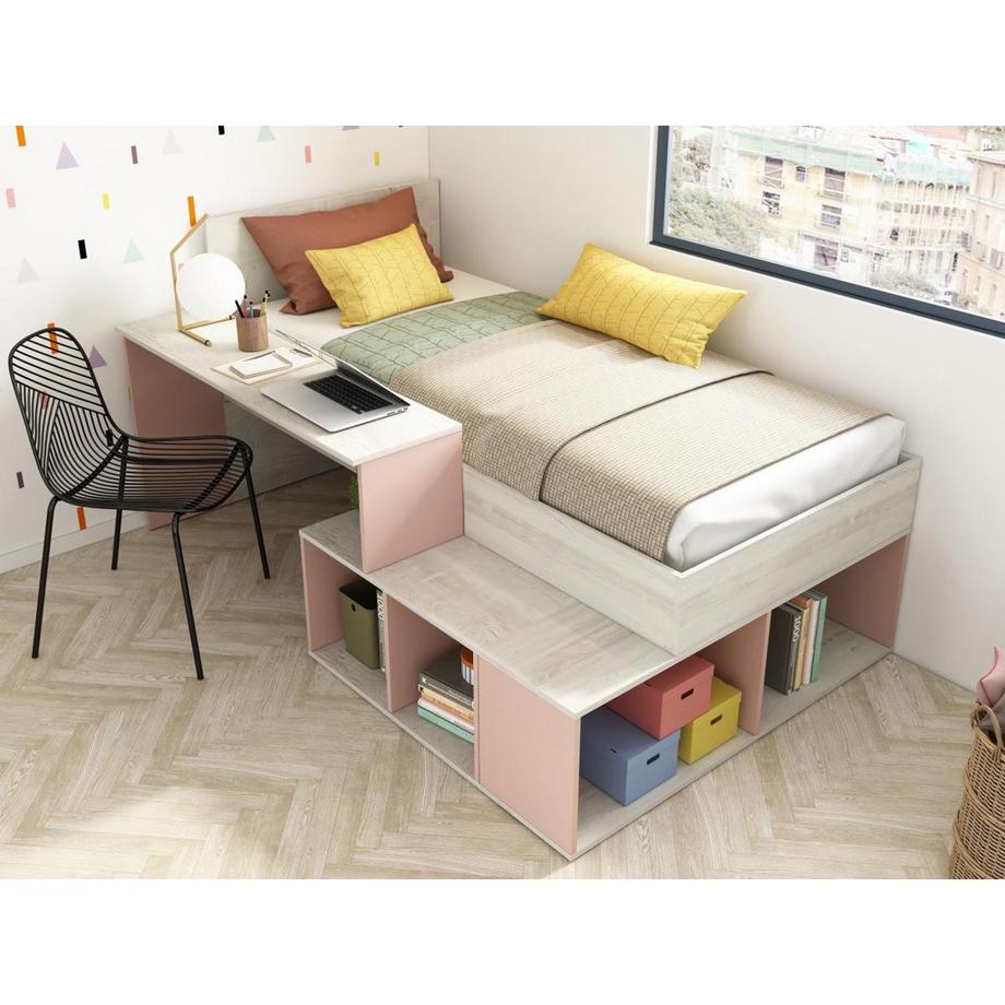 Vente-unique Letto combinato con vani portaoggetti e Scrivania 90 x 200 cm Naturale e Rosa + Reti a doghe - RIGALI  
