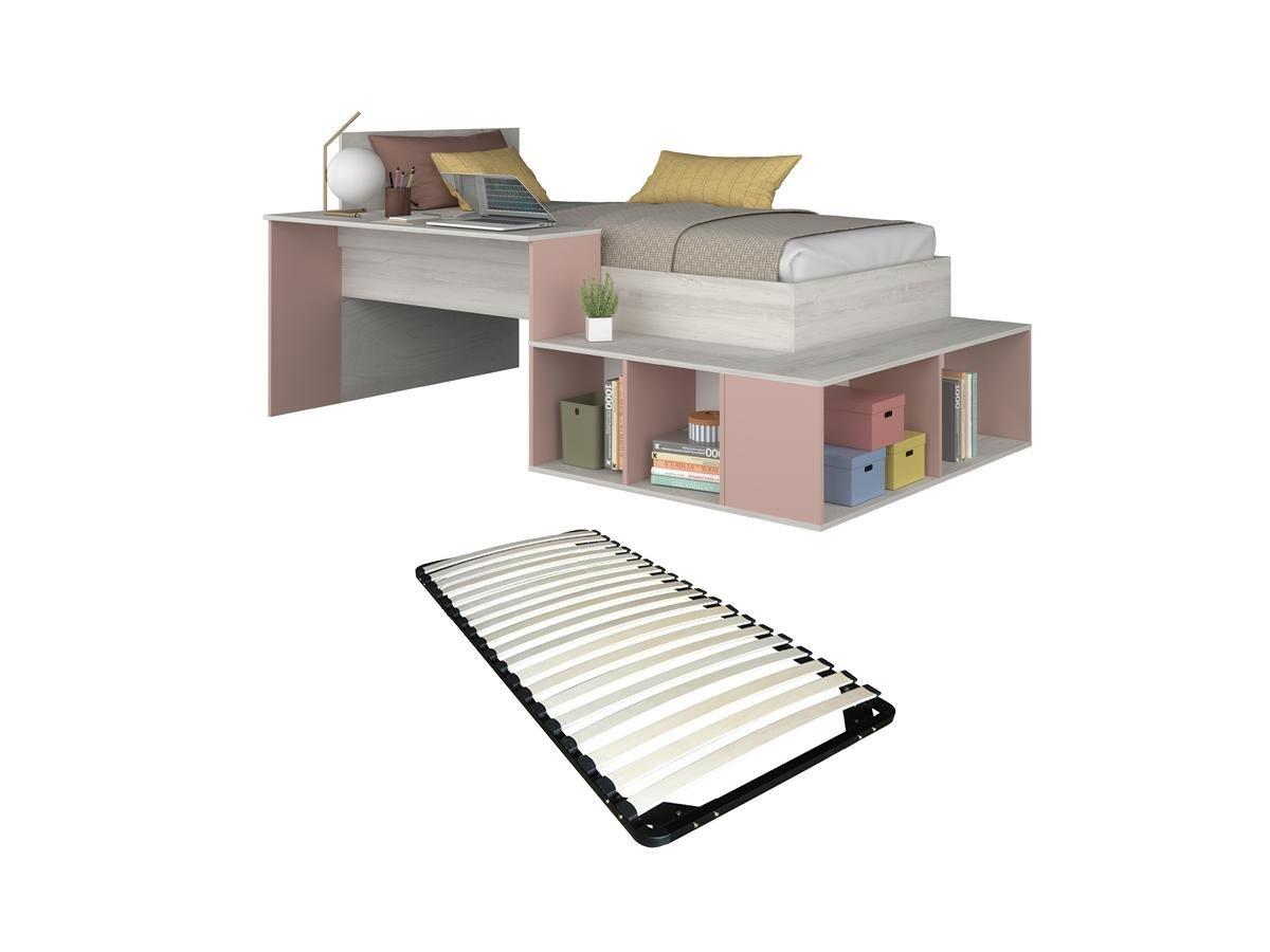 Image of Kombi-Bett 90 x 200 cm mit Stauraum & Schreibtisch + Lattenrost - Holzfarben & Rosa - RIGALI Kombi-Bett 90 x 200 cm mit Stauraum & Schreibtisch + Lattenrost - Holzfarben & Rosa - RIGALI