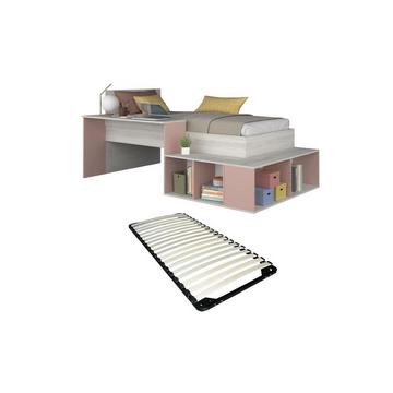 Letto combinato con vani portaoggetti e Scrivania 90 x 200 cm Naturale e Rosa + Reti a doghe - RIGALI