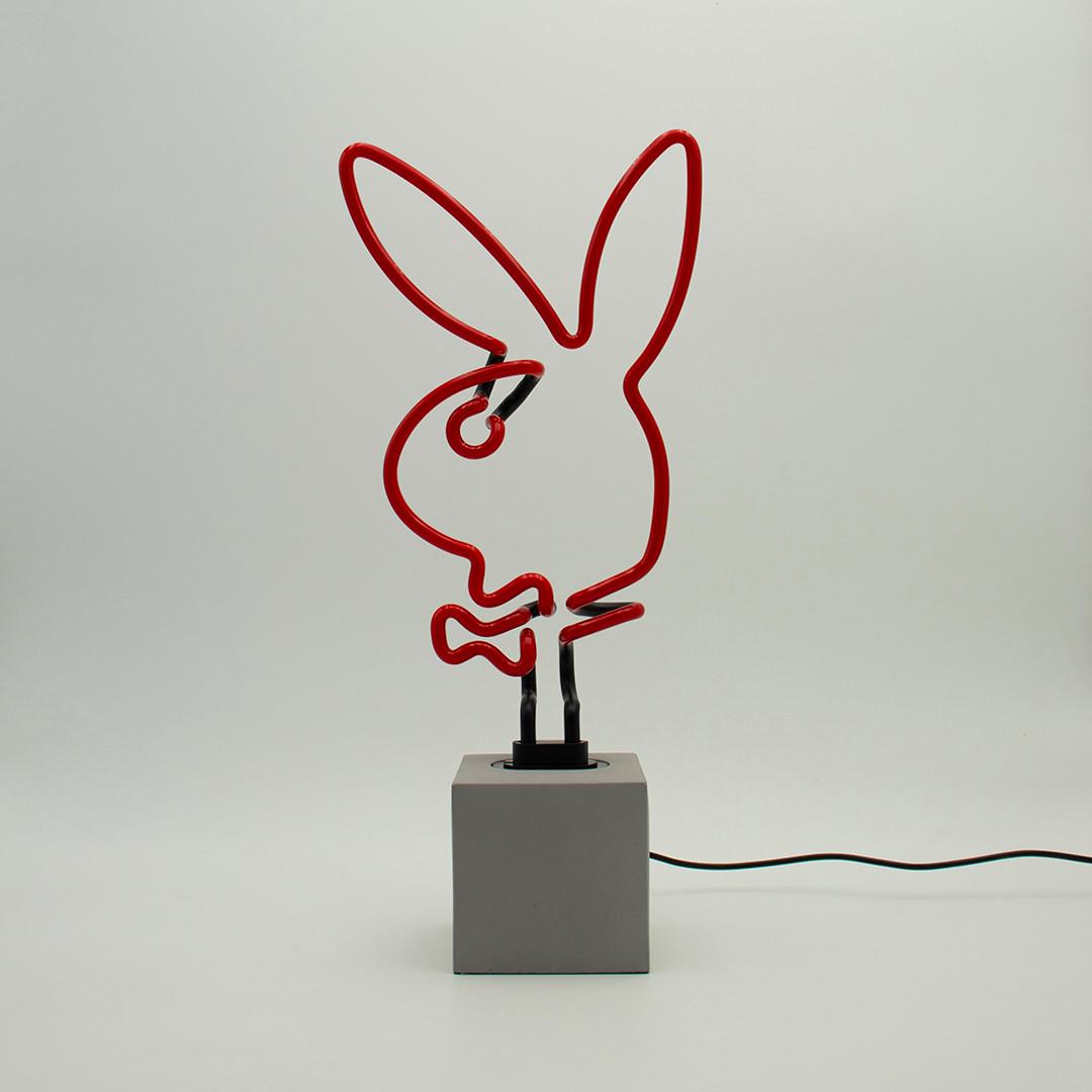 Image of Glas Neon Tischlampe mit Betonsockel - Playboy Bunny Glas Neon Tischlampe mit Betonsockel - Playboy Bunny