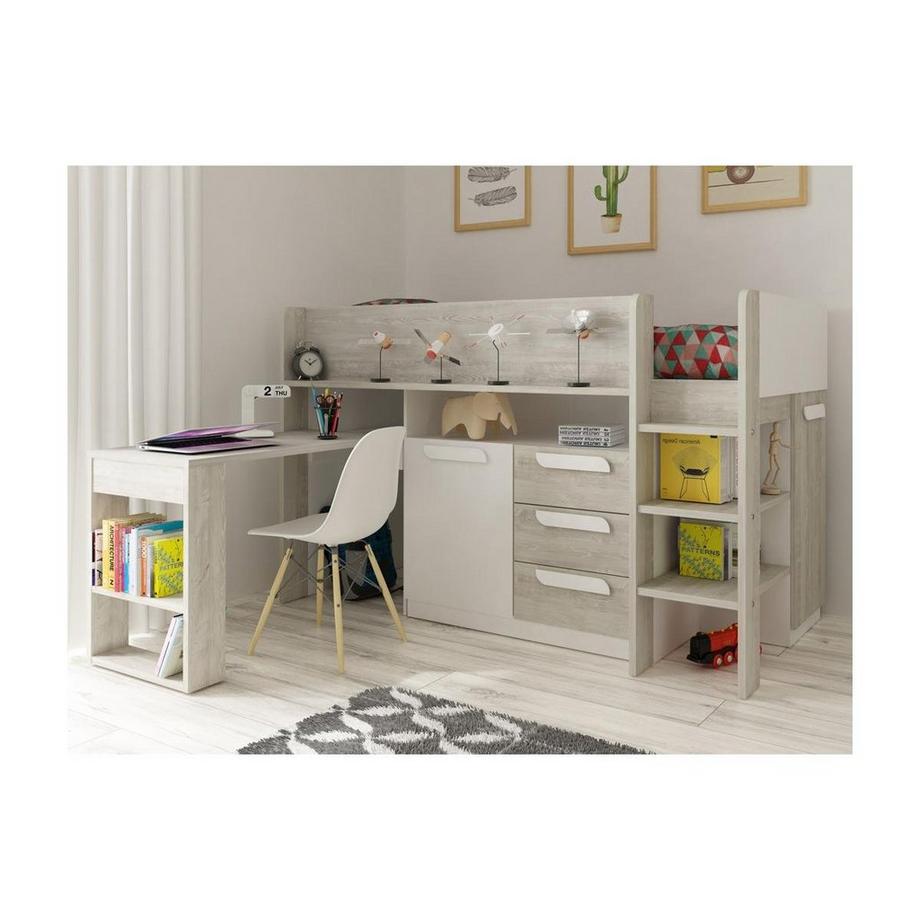 Vente-unique Letto combinato 90 x 200 cm Con scrivania e scomparti Bianco e Naturale + Materasso - LOUKALA  