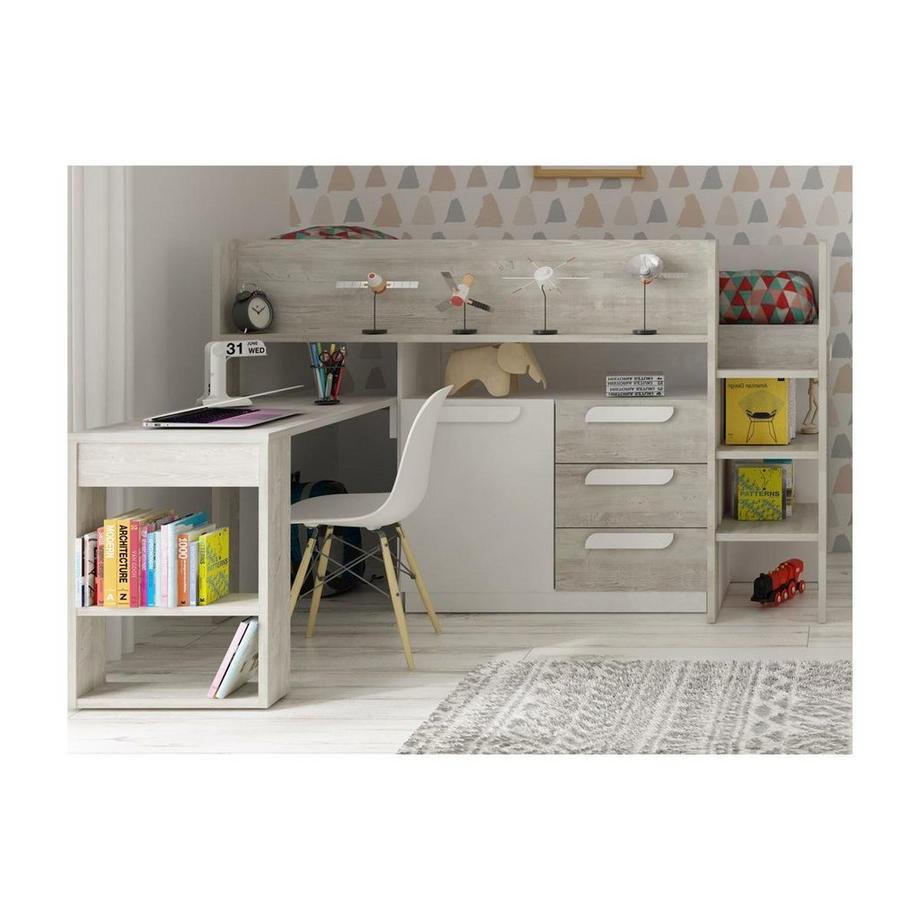 Vente-unique Letto combinato 90 x 200 cm Con scrivania e scomparti Bianco e Naturale + Materasso - LOUKALA  