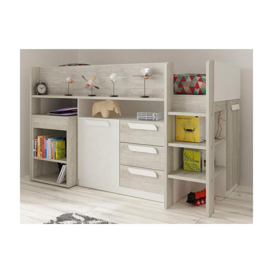 Vente-unique Letto combinato 90 x 200 cm Con scrivania e scomparti Bianco e Naturale + Materasso - LOUKALA  