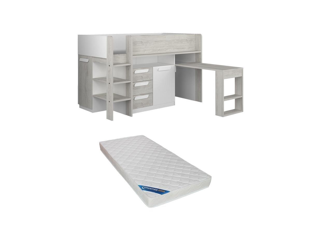 Image of Kombibett mit Matratze - 90 x 200 cm - Mit Schreibtisch & Stauraum - Weiß, Holzfarben & Weiß - LOUKALA Kombibett mit Matratze - 90 x 200 cm - Mit Schreibtisch & Stauraum - Weiß, Holzfarben & Weiß - LOUKALA