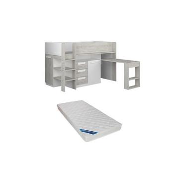 Letto combinato 90 x 200 cm Con scrivania e scomparti Bianco e Naturale + Materasso - LOUKALA