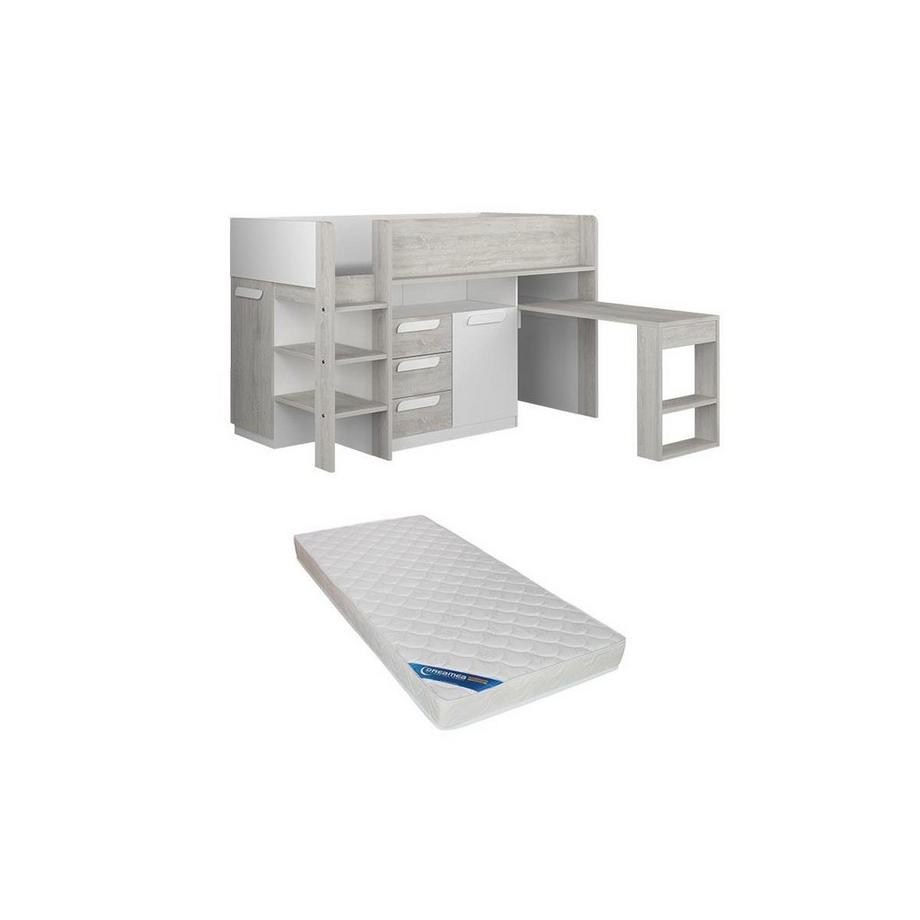Vente-unique Letto combinato 90 x 200 cm Con scrivania e scomparti Bianco e Naturale + Materasso - LOUKALA  