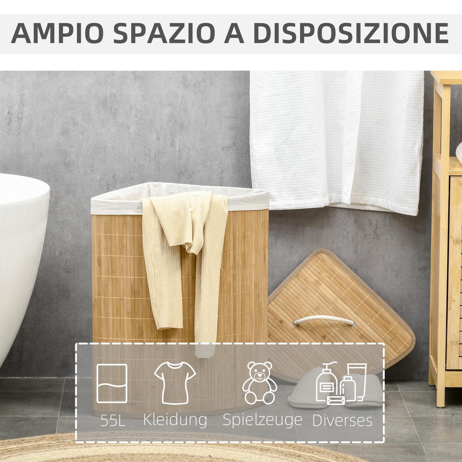 Northio Wäschekorb aus Bambus, Ecke, 55L mit Deckel und abnehmbarem Beutel 38 x 38 x 57 cm Naturholz und Weiß  