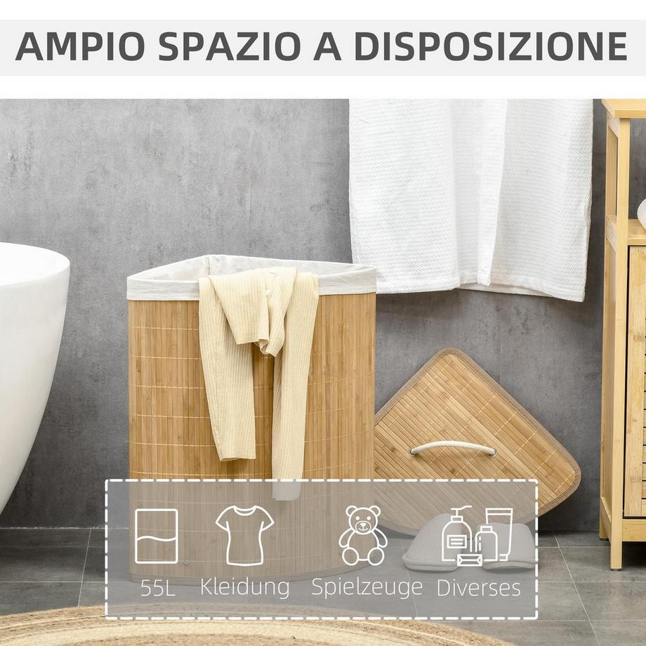 Northio Wäschekorb aus Bambus, Ecke, 55L mit Deckel und abnehmbarem Beutel 38 x 38 x 57 cm Naturholz und Weiß  
