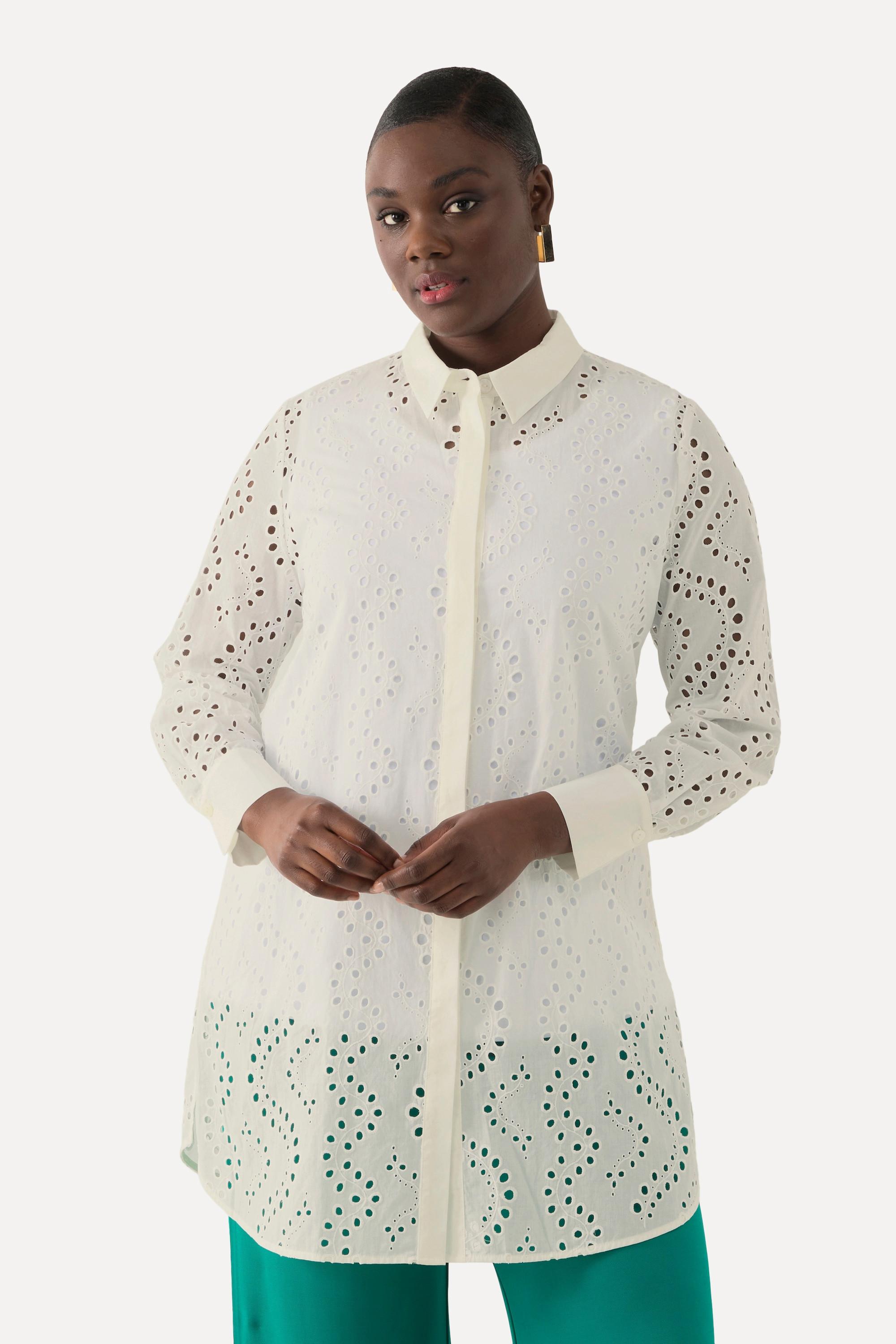 Ulla Popken  Blouse longue à col de chemise et manches longues, broderie ajourée 