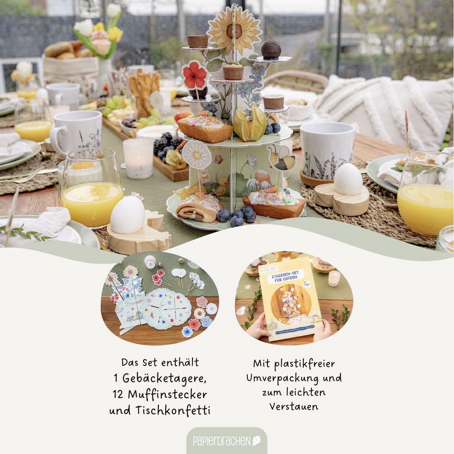 Papierdrachen Kuchen Etagere inkl. Tischkonfetti & Muffinstecker - Ostern  