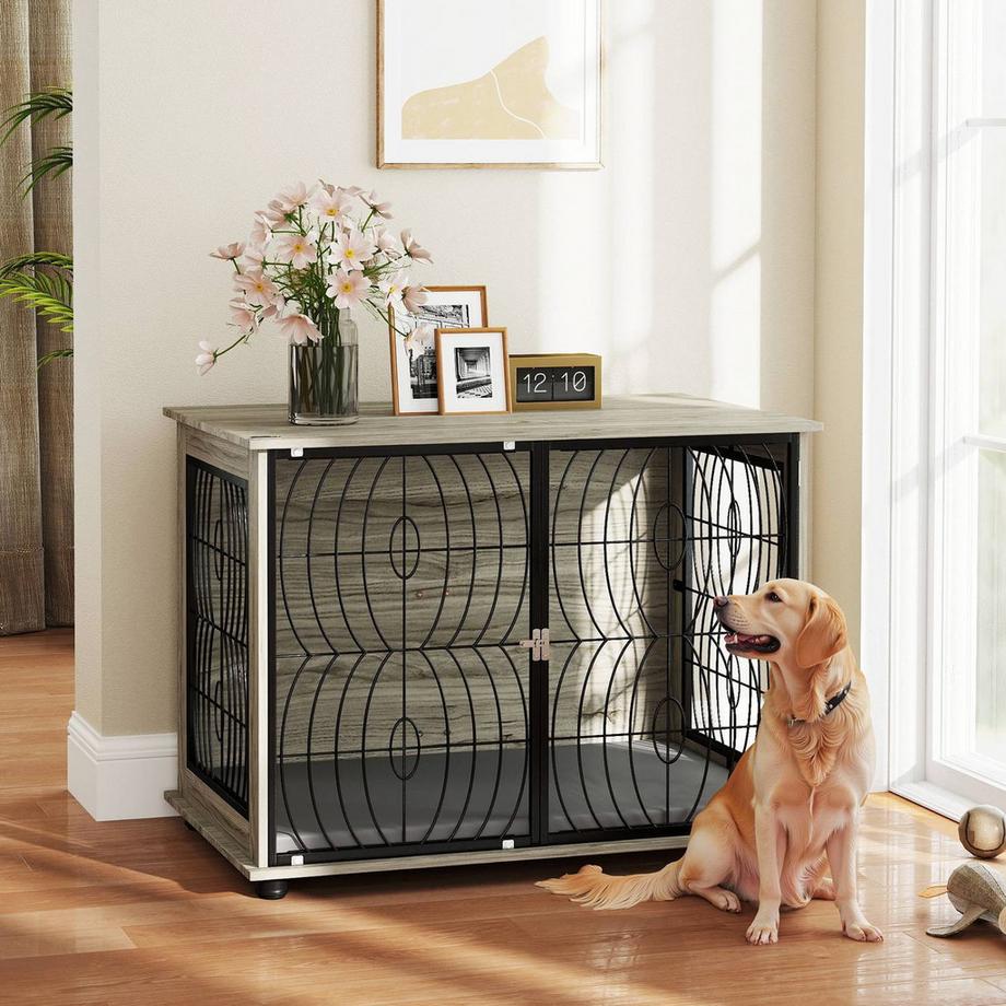 Northio  Cage pour chien pour la maison, chenil pour chien, cage pour animaux de compagnie d'intérieur avec coussin, niche pour chien avec fenêtre, cage pour chien pour grands chiens, gris, 100 x 60 x 73,5 cm | 